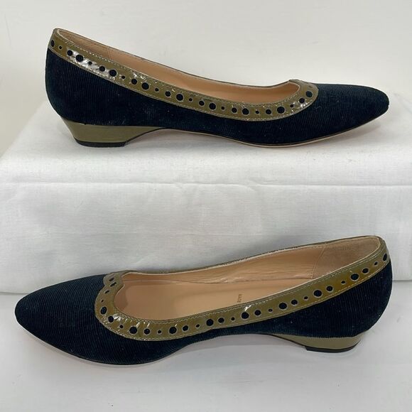 Butter Women’s Corduroy Flats 6.5 Leather Trim Kitten Heel Black Tan - Picture 5 of 7